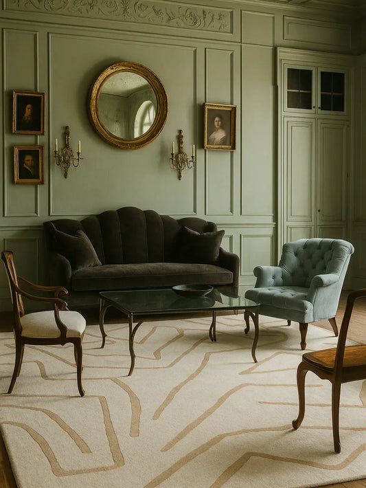 Living room with a modern wool rug, a brown sofa, light blue armchair, and wooden chairs.