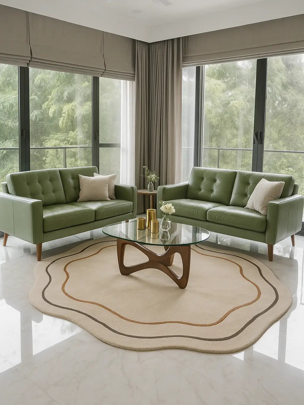 Modern living room with a beige shaped wol rug, a sofas, a glass coffee table, and large windows.