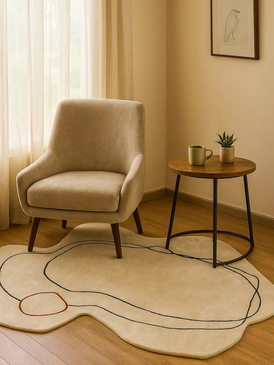 room with a beige hand tufted wool rug, armchair and small round table with a plant on.