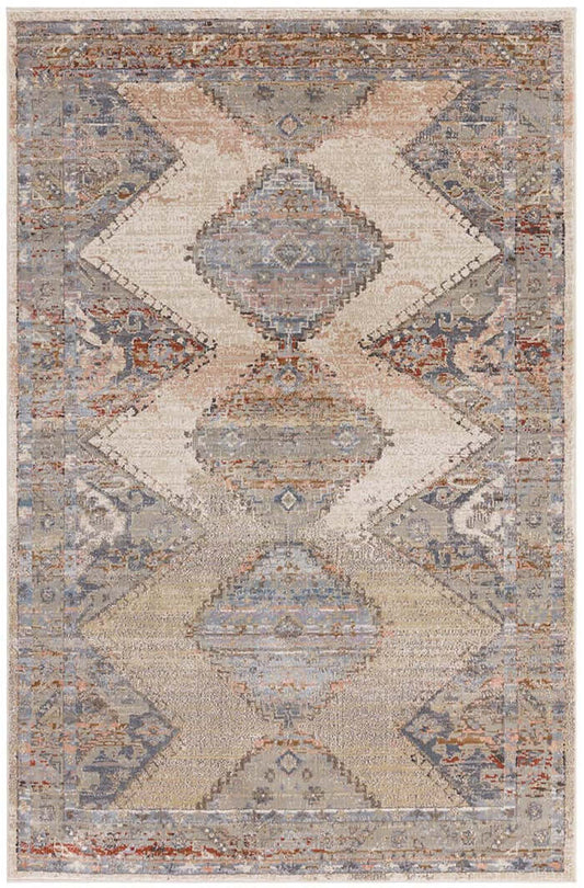 traditional hand knotted patterned area rug with geometric design in neutral colors