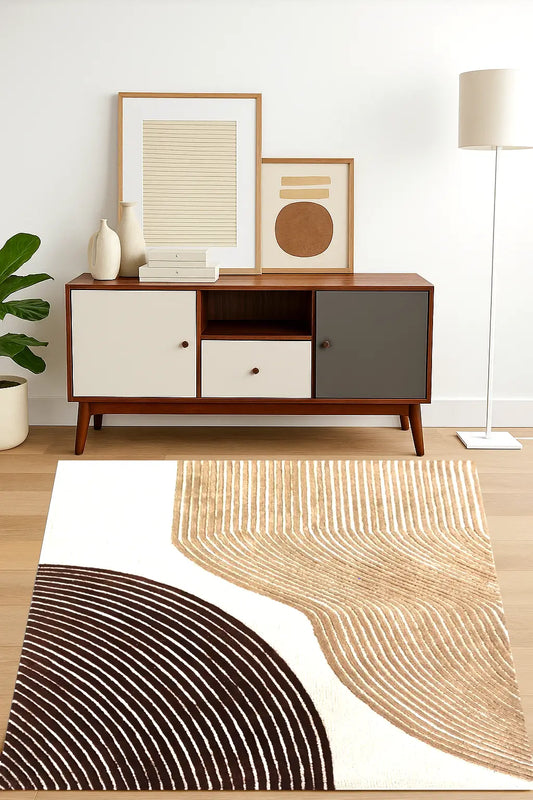 hand tufted rug with geometry arc design in modern living area