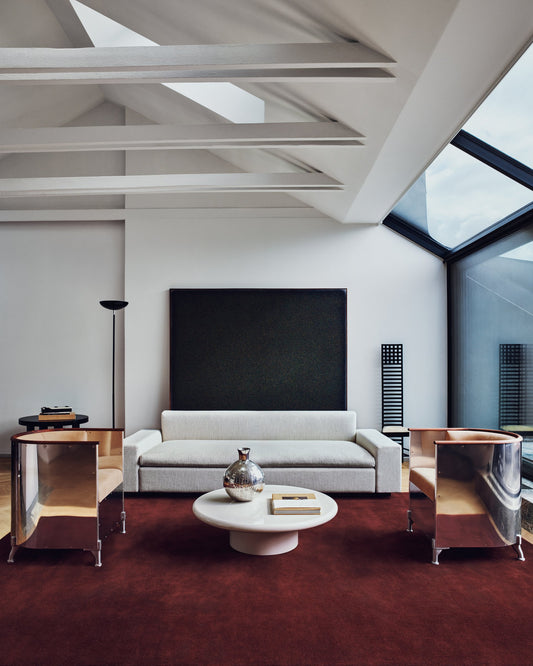 living room with lele red cherish wool rug