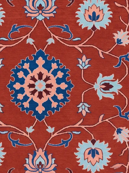 A close-up of a patterned area rug