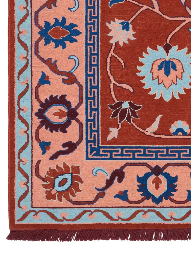 Close-up of an ornate hand knotted patterned rug
