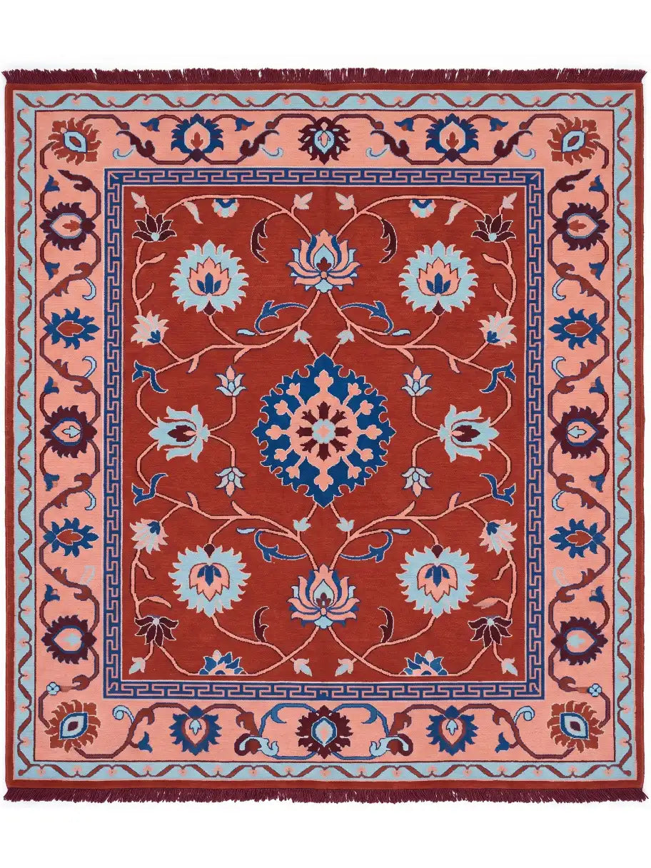 A square traditional area rug with a rust red center