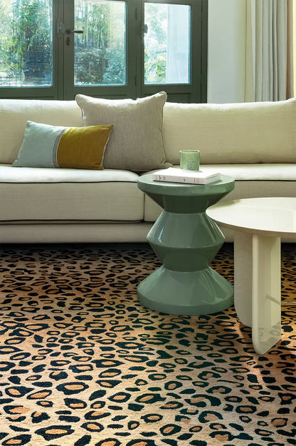leopard hand tufted wool rug in living room