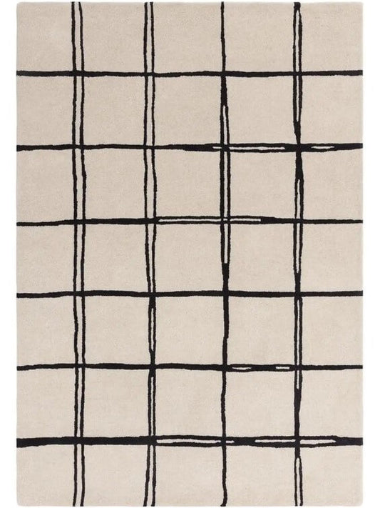beige wool rug with black grid pattern