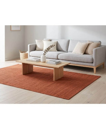 A modern living room jute textured area rug