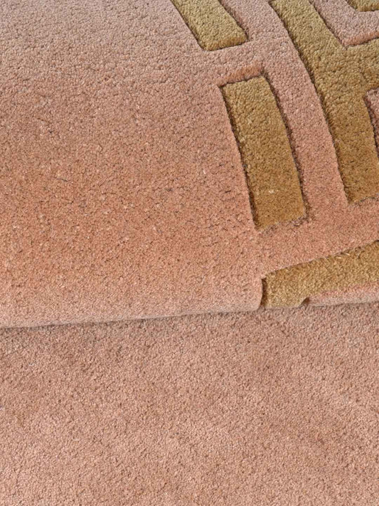 Close-up of a textured dusty pink carpet with geometric boarder
