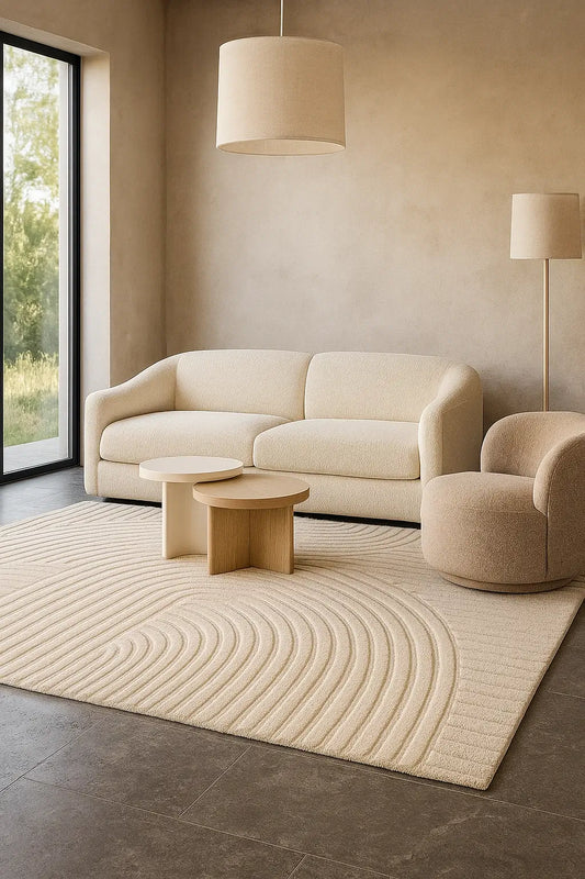 White hand tufted wool rug, beige sofa and armchair in a modern living room