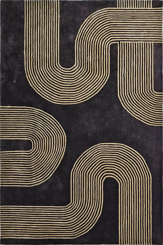 hand tufted wool rug with golden strip on black
