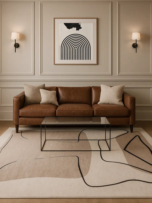 geometry hand tufted wool rug in modern living room with brown leather sofa and abstract art.
