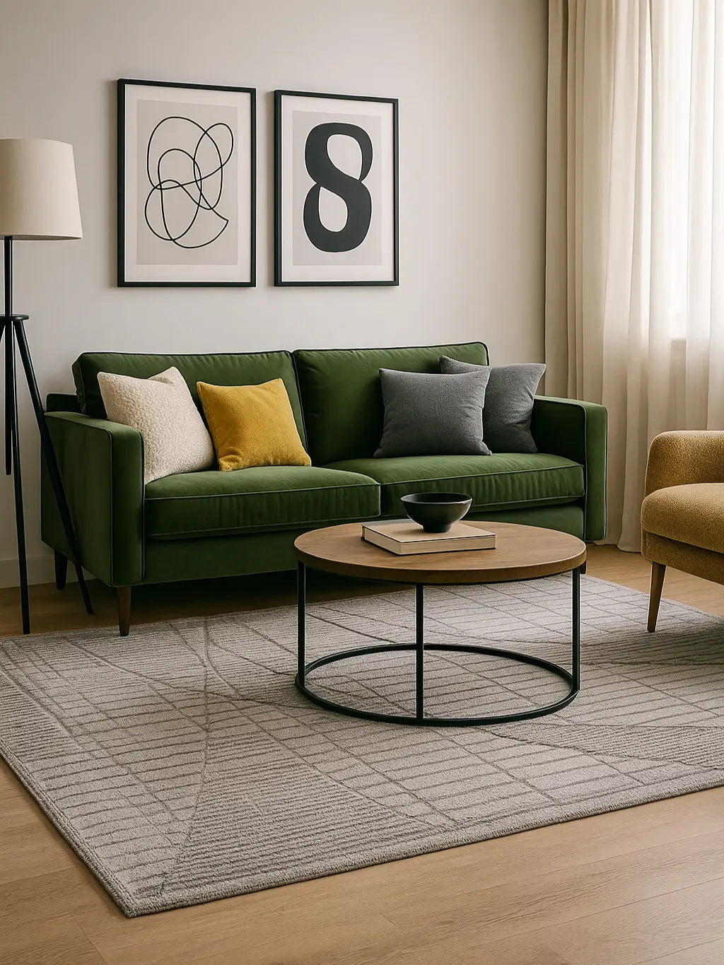Modern living room with a flat weave wool rug, green sofa, round wooden coffee table, and abstract art on the wall.